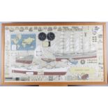 A 1960s colour print, "Mariners Chart", in strip frame, two framed boat pictures and a colour print,