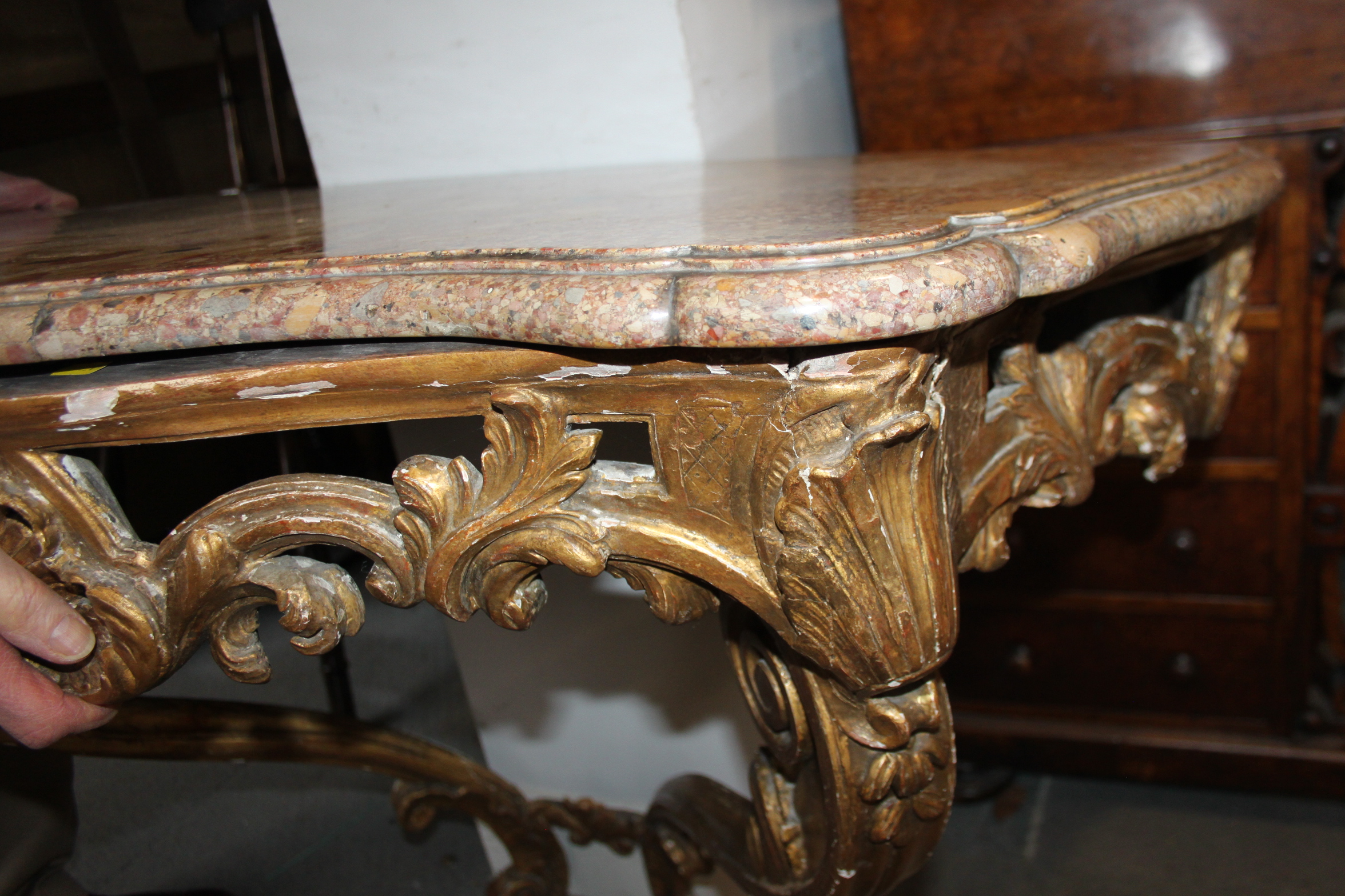 An 18th century carved giltwood serpentine front Brescia marble topped console table, 41" wide x - Image 15 of 16