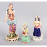 A Derby figure of a woman, 10" high, and two smaller figures (damages)