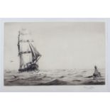 Bernard Carr: a signed etching, square-rigger and buoy, in ebonised strip frame