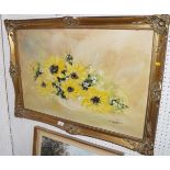 Kennedy: oil on canvas, still life of yellow flowers, 19 1/2" x 29 1/2", in gilt frame