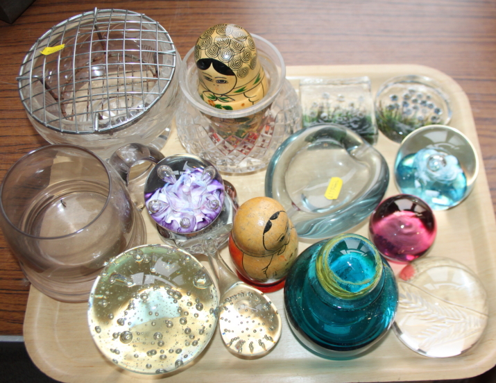 A Mdina glass scent bottle, four glass paperweights, other glass, various, and two Russian nesting