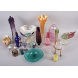 A Murano coloured glass fish, 7 1/2" high, and various vases, scent bottles and other coloured glass