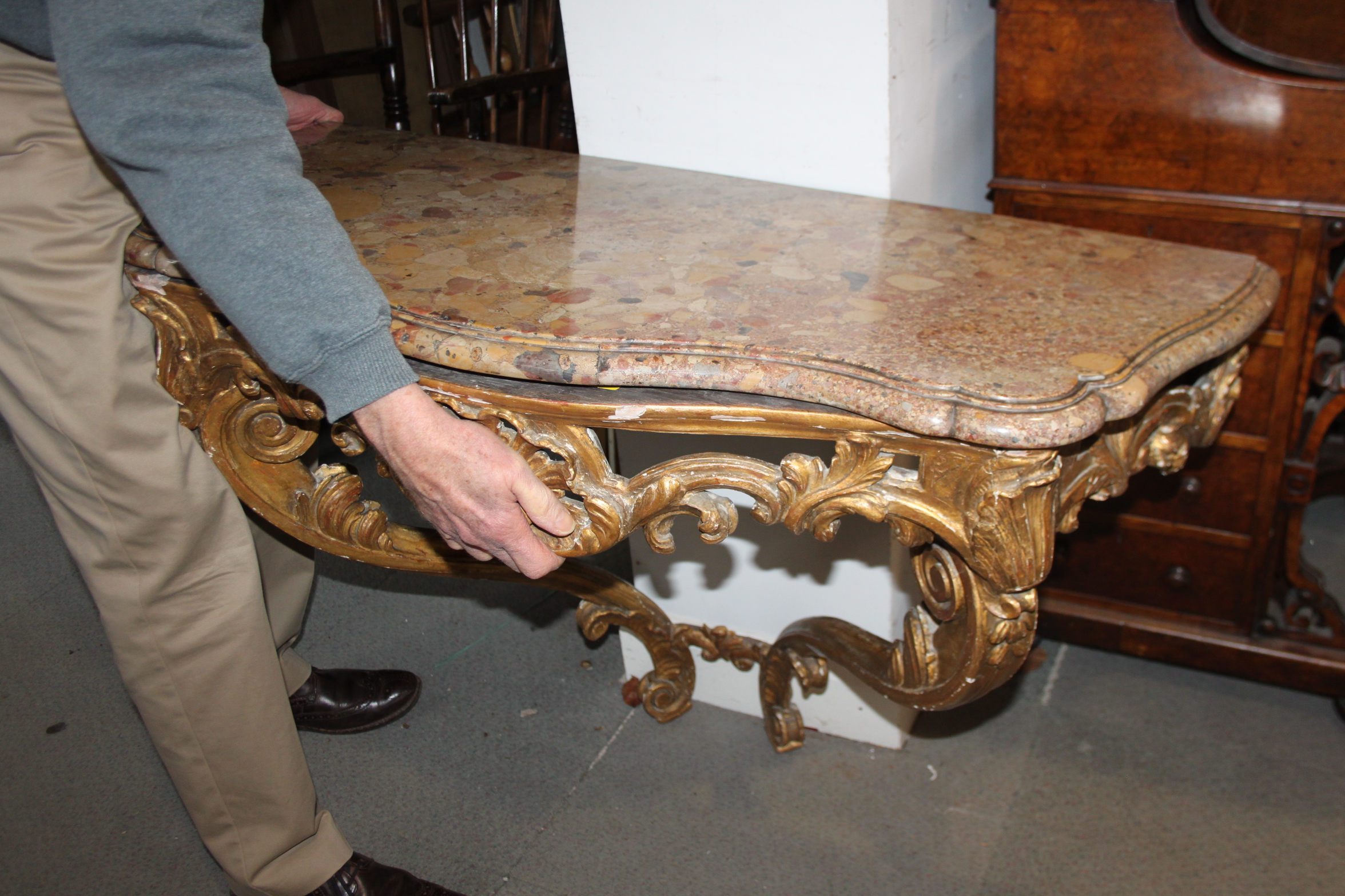 An 18th century carved giltwood serpentine front Brescia marble topped console table, 41" wide x - Image 13 of 16