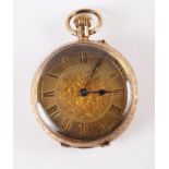 A yellow metal cased lady's open faced fob watch with gilt dial and Roman numerals, 29.4g gross