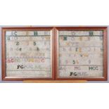 A pair of alphabetic and numerical samplers, 9" square, in wooden strip frames