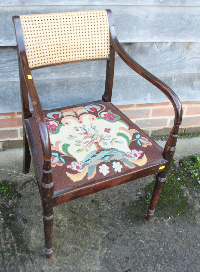 A mahogany carver dining chair of Regency design with caned panel back and needlepoint drop-in seat,