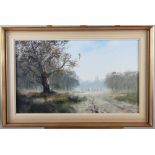 G Liddle?: two oil on boards, autumn mist hunt approaching, 11" x 19", and winter scene with