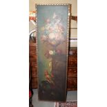 A 19th century leather three-fold screen, the panels depicting parrots and vases of flowers in the