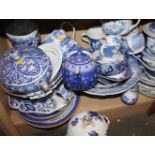 A Spode "Italian" pattern teapot (lacking lid), a Shelley blue and white teapot, various blue and