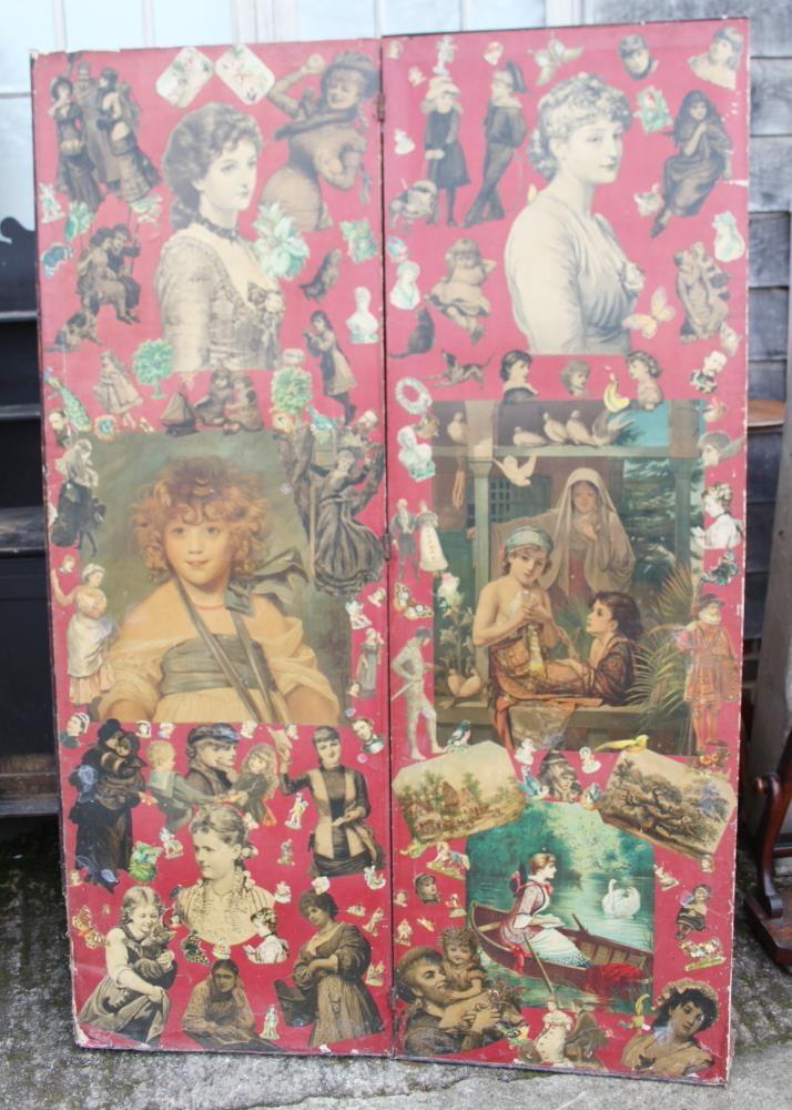 Two late Victorian decoupage decorated three-fold room dividers