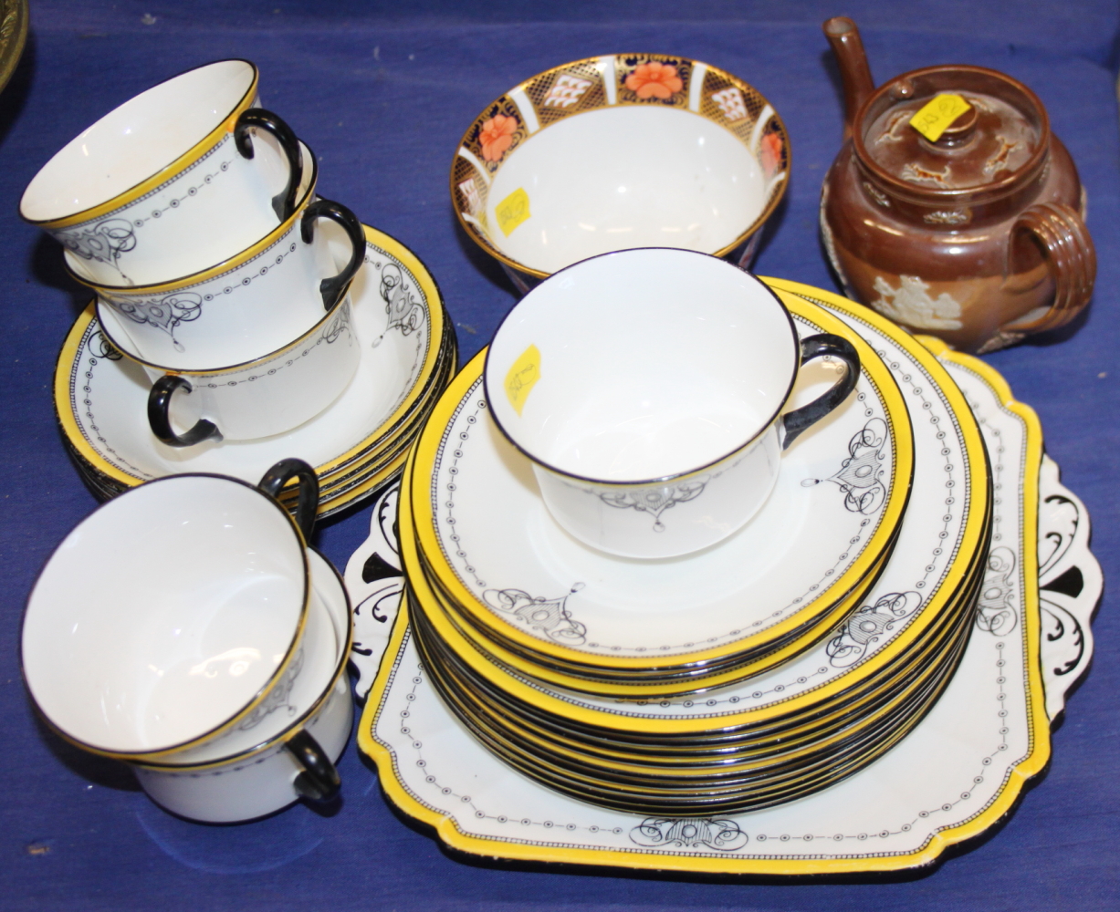 A Shelley 11203 pattern part teaset, a bachelor's Doulton Lambeth teapot and a Royal Crown Derby