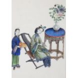 A pair of 19th century Chinese watercolours on pith paper, seated women with attendants and flowers,