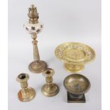 A pair of brass candlesticks with acanthus leaf and scrolled decoration, 4 1/2" high, an incense