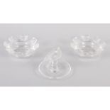A pair of Lalique France "Saint Nicholas" pattern pin dishes, 4 1/2" high (damages) and another