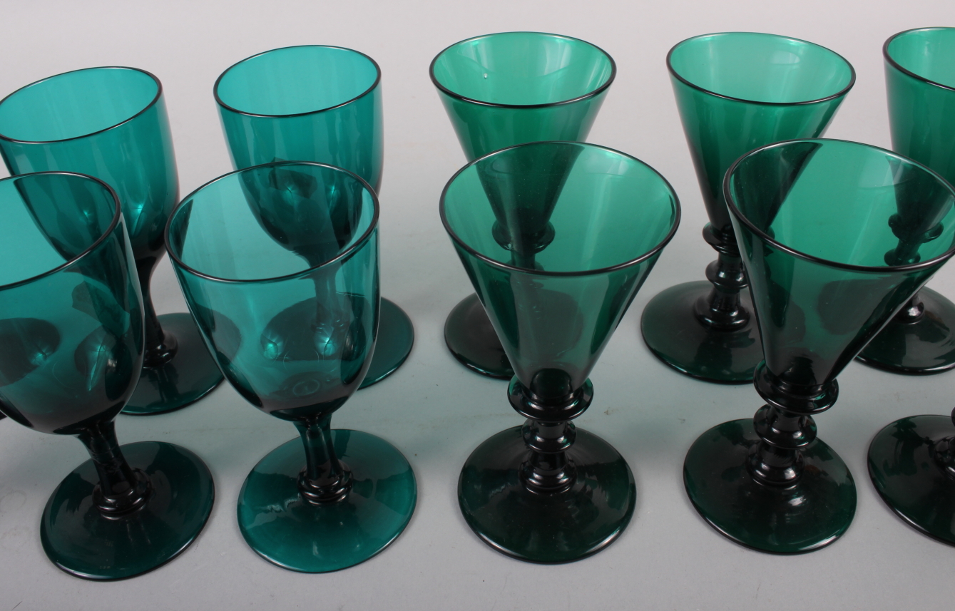 A set of six 19th century green glass conical wines, an early 19th century green glass rum - Image 3 of 5