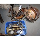 A copper coal scuttle, a copper kettle, brass candlesticks, pewter mugs and other metalware