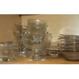 Two sets of ice plates, a pair of glass decanters with globular stoppers, and other glass bowls,