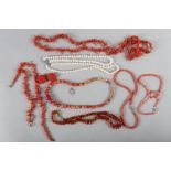 Five coral necklaces, various, a similar bracelet, a pair of coral clip earrings, a reconstituted