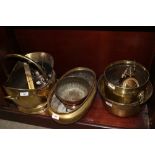 A brass preserve pan with swing handle, a brass coal scuttle, a set of six brass curtain tie-back