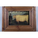 A pair of Naive School prints, show cattle with owners and a similar pig, in moulded pine frames