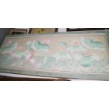 A pair of Chinese bodycolours on silk, lotus buds and birds, 23" x 68", in green painted frames