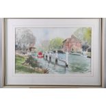 D Robinson: watercolours, "Shiplake Lock", 11 1/2" x 18 3/4", in white strip frame