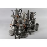 A pewter three-piece coffee set, eight pewter jugs, various, and other pewter