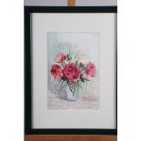 Luce Moreau: watercolours, still life of roses in glass vase, 10 1/2" x 7", in green strip frame,