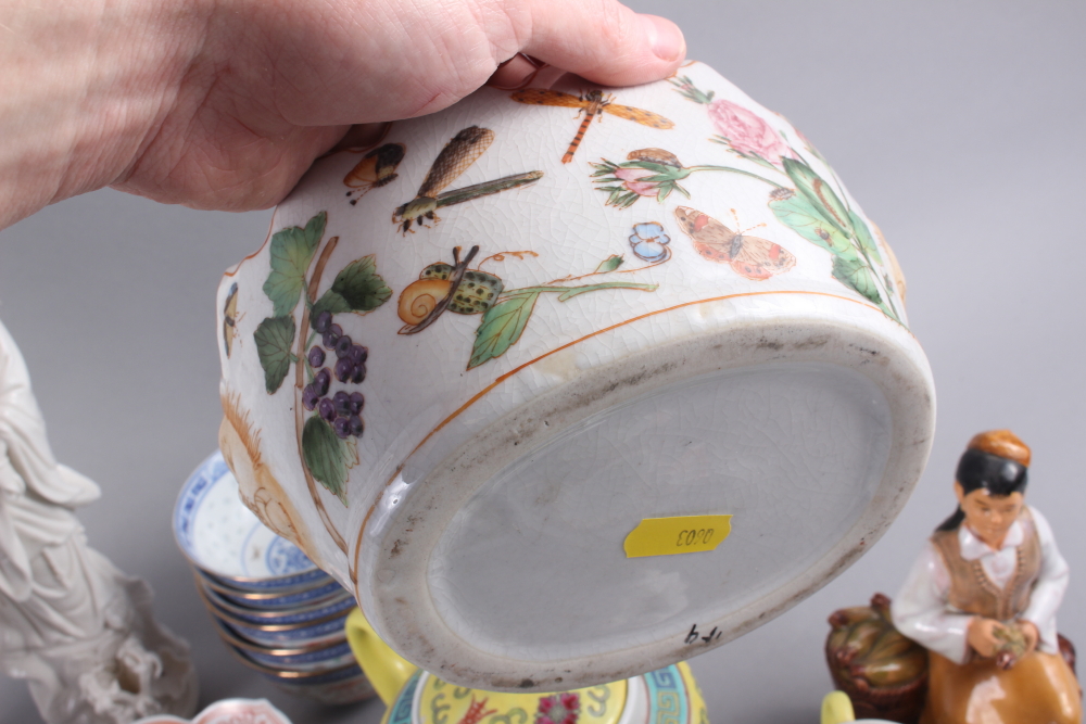 A Chinese yellow polychrome decorated teapot and four matching teacups, a planter with insect and - Image 11 of 22