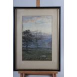 Claude Hulke: a set of three watercolours, landscapes, 13" x 9", in ebonised strip frames