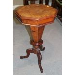 A Victorian figured walnut octagonal top work table, on carved tripod splay supports with part