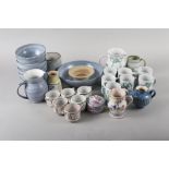 A studio pottery soup set, a number of studio pottery mugs and other tin glazed wares