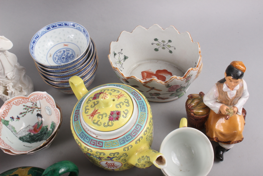 A Chinese yellow polychrome decorated teapot and four matching teacups, a planter with insect and - Image 2 of 22