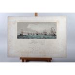 A 19th century hand-coloured lithograph French and British ships in review order off Portsmouth,