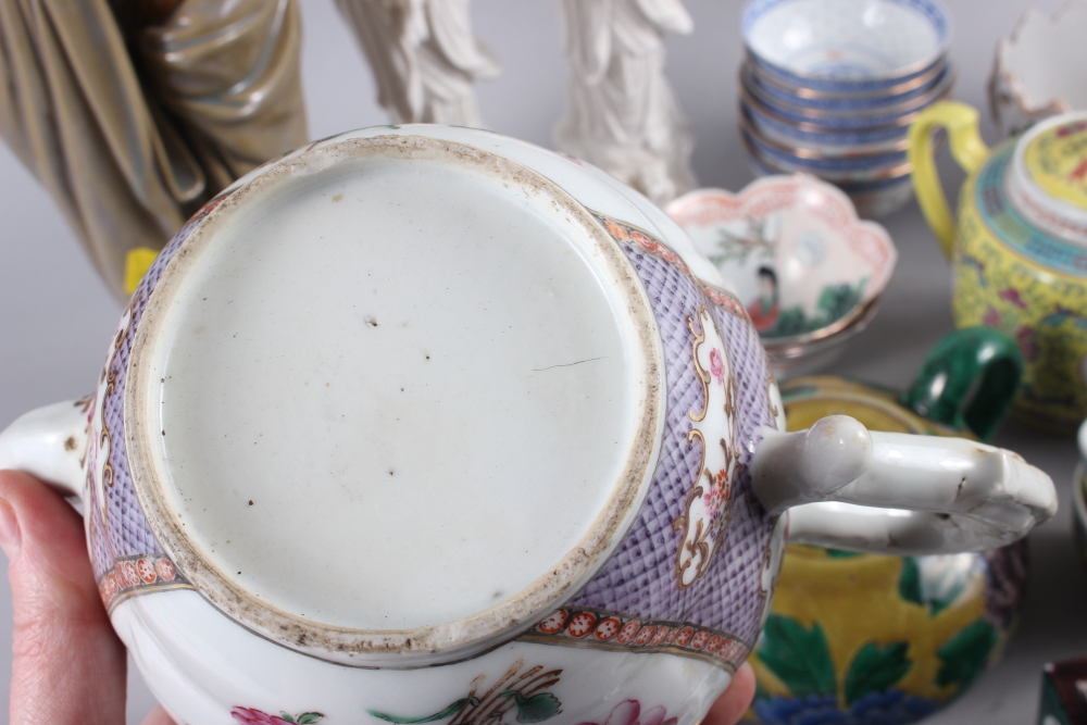 A Chinese yellow polychrome decorated teapot and four matching teacups, a planter with insect and - Image 6 of 22