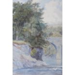 D Clarke?: watercolours, river scene with stone bridge, 9" x 6", in washline mount and gilt strip