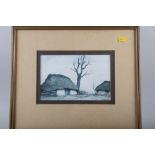 A set of four colour prints, thatched cottages, in gilt frames, and E M Wright, a watercolour, "