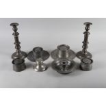 Two 19th century Treasury desk inkstands, three pewter inkstands, a chamberstick and a pair of