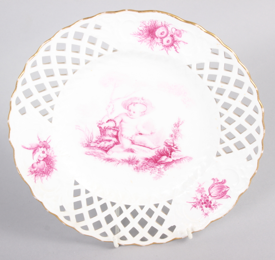 A pair of bone china plates with puce cherub and floral decoration with pierced borders, 9 1/2" dia - Image 3 of 5