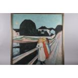 After Munch, a colour print, figures on a bridge, after Picasso, a colour print, window study, and