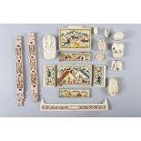 A Chinese ivory box, decorated animals and figures (for restoration), two miniature ivory model