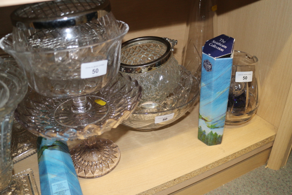 A cut glass globular vase, a pair of tapering vases and other glassware, various