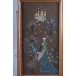 A needlework of a princess with a bird and distant castle, 17" x 8 1/2", in wooden strip frame,