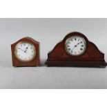 An Edwardian walnut and line inlaid mantel clock, 5 1/2" high, and a larger similar mantel clock, 6
