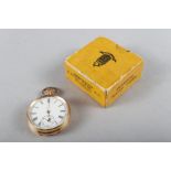 An 18ct gold cased open faced pocket watch with white enamel dial, Roman numerals and subsidiary