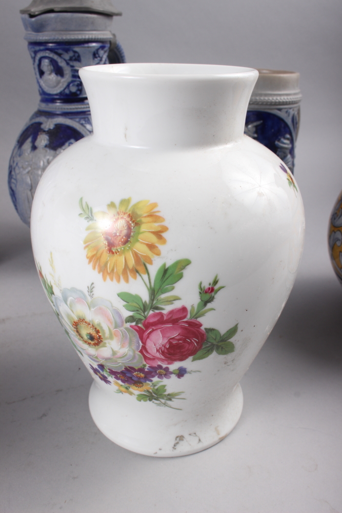 Four Rhenish stoneware jugs, tallest 12 1/2" high, an Italian jug, 10" high, a Kaiser floral - Image 2 of 5