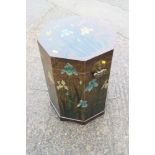 An Oriental octagonal lacquered box with insect and iris design, 15" dia x 21 1/2" high