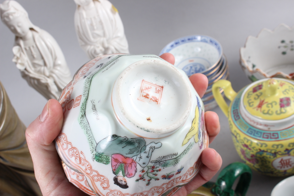 A Chinese yellow polychrome decorated teapot and four matching teacups, a planter with insect and - Image 7 of 22