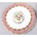Six 19th century bone china plates, decorated with baskets of flowers and fruit with pink and gilt